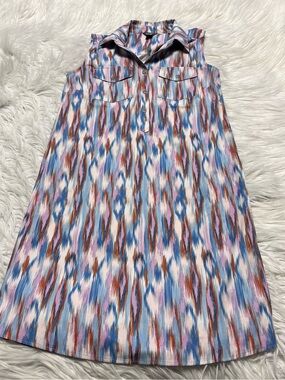 Eddie Bauer Ikat-Style Button Front Dress in Blue, Mauve & Rust